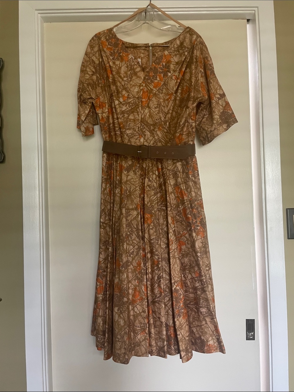 Brown Floral-Print Midi Dress with Waist Belt